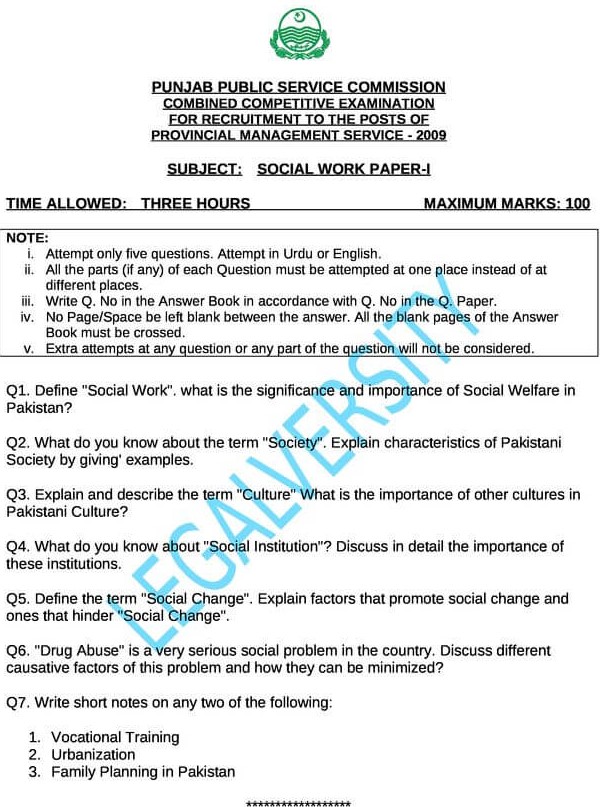 PMS Social work past paper-I 2009